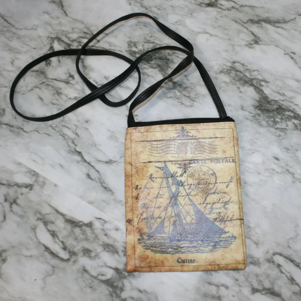 VINTAGE Purse Mini Bag Postcard Nautical Sailboat Travel Crossbody Leather